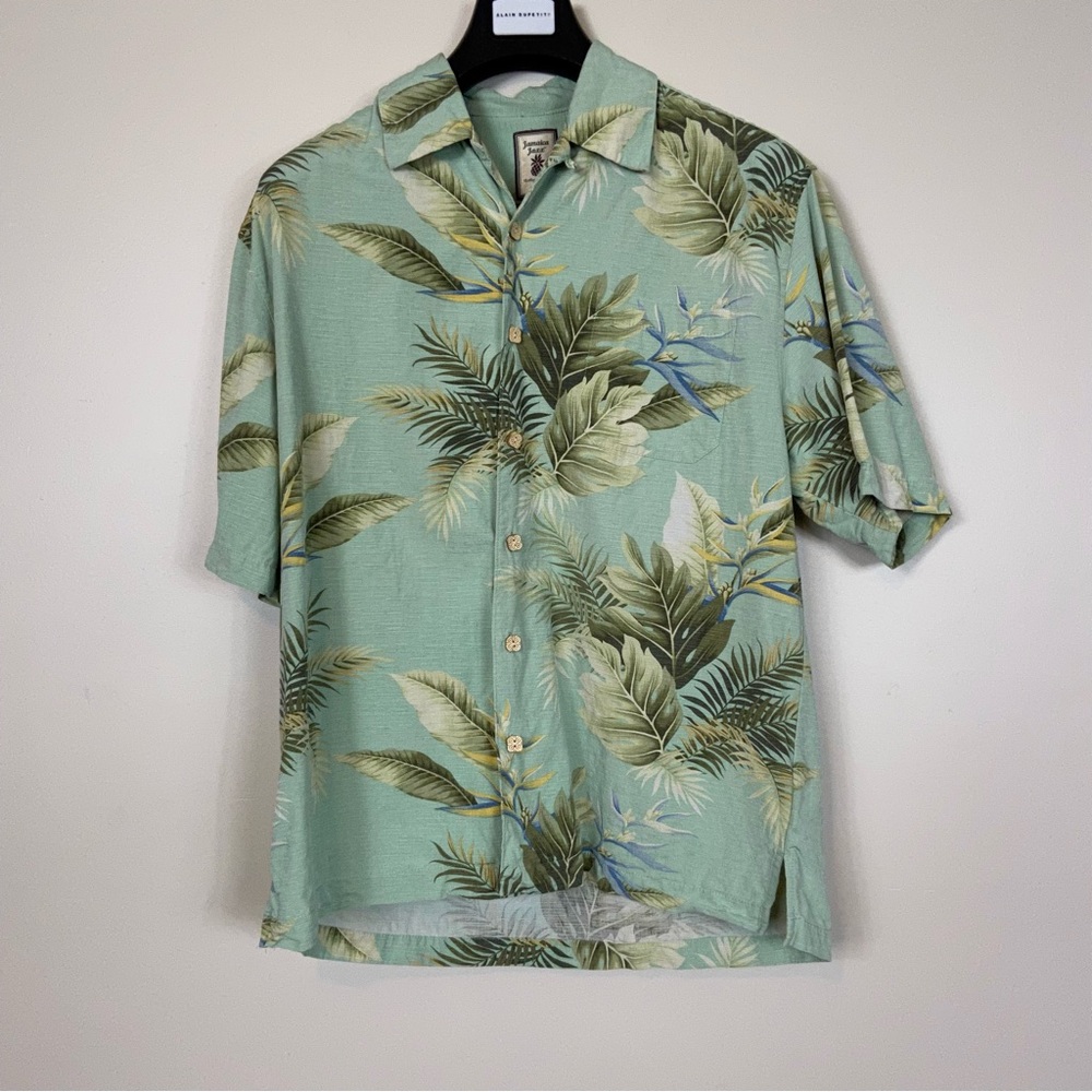 Jamaica Jaxx silk button down aloha shirt green palms island style